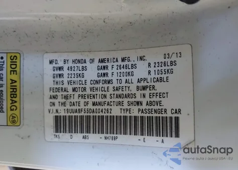 2013 Acura Tl 3.7 из США, поврежденный, VIN 19UUA9F55DA004262